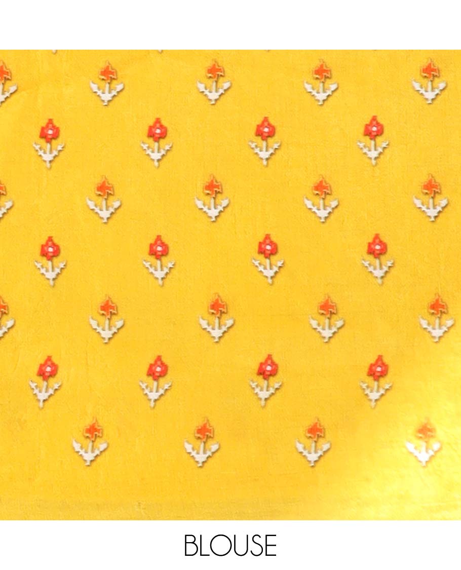 Cream argyle design semi-banaras printed saree with contrast floral border & floral design pallu