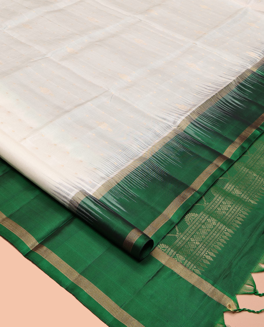 White Mayuri Soft Silk Saree, Woven with Zari Buttas, Complemented by a Contrast Zari Border, Grand Pallu, and a Contrast Blouse
