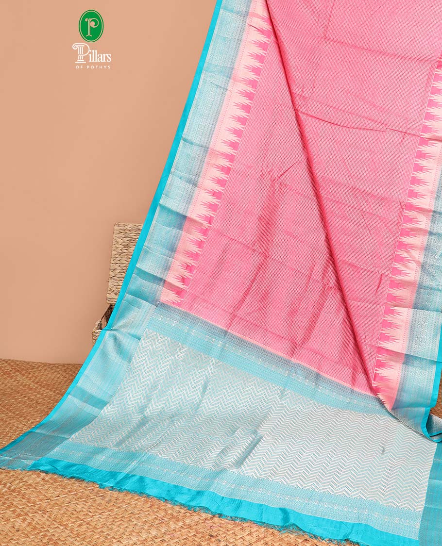 Pink with blue all over small water zari checks with contrast traditional border & contrast zari weaving rich pallu along with zari butta with sequins blouse