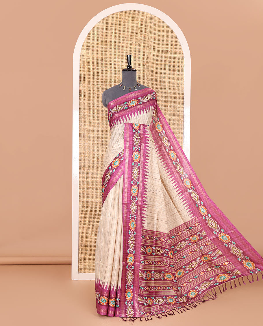 Chikku- purple plain Katan silk saree, contrast ikkat floral-geometric printed temple border, ikkat printed pallu, and ikkat printed blouse