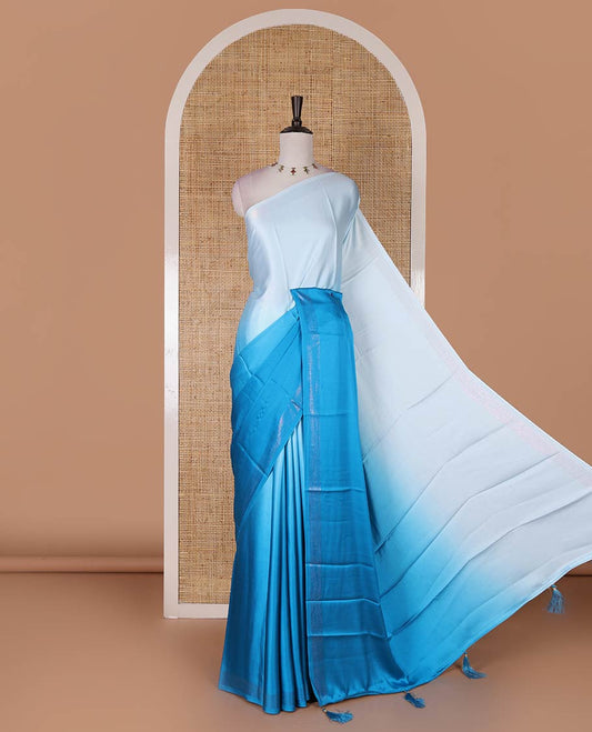 Blue ombre full-plain satin crepe saree, copper zari border, and plain blouse