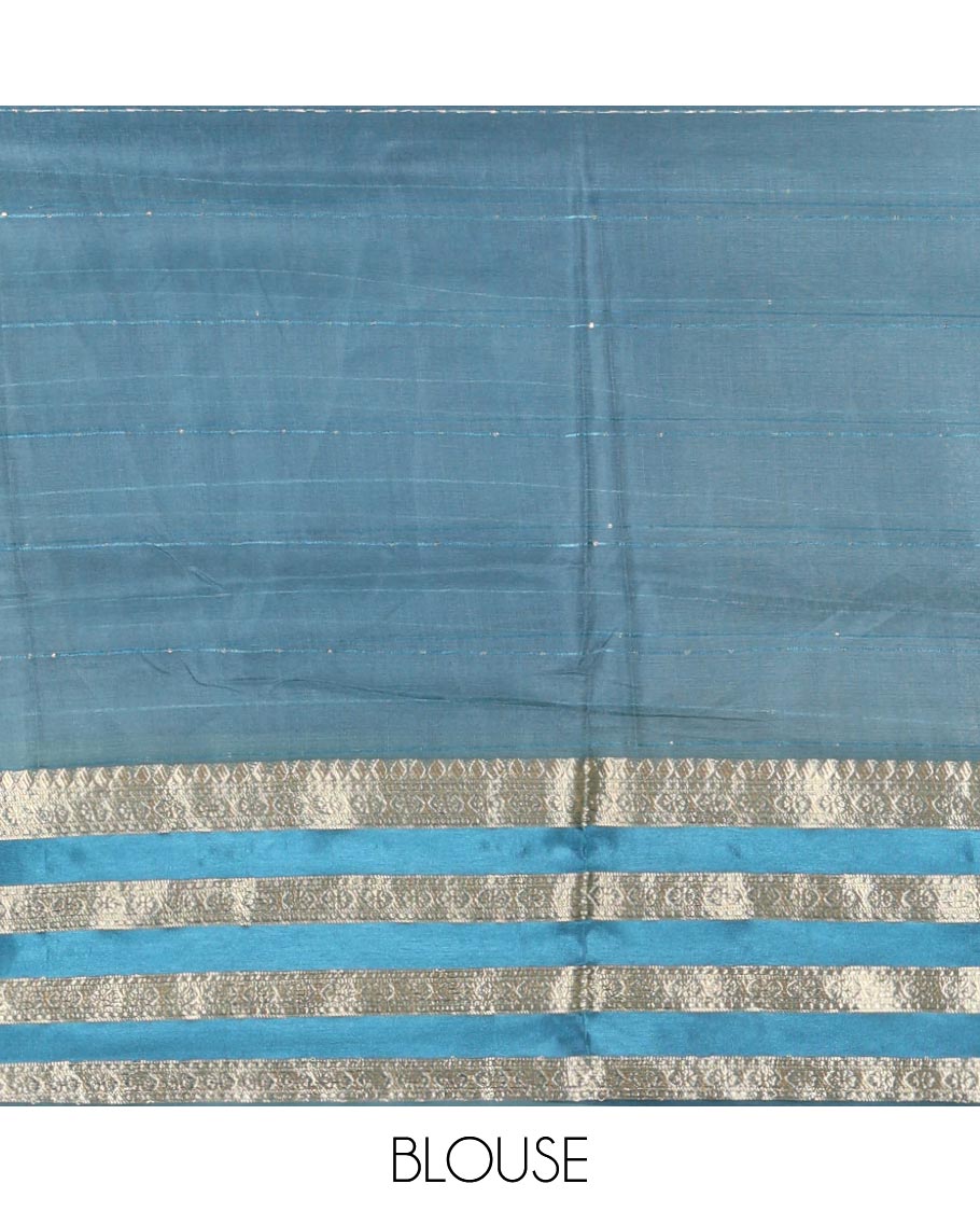 Off-White-Blue Horizontal Striped Semi-Organza Saree, a Contrast Traditional Zari Border, Striped Pallu, and a Contrast Blouse