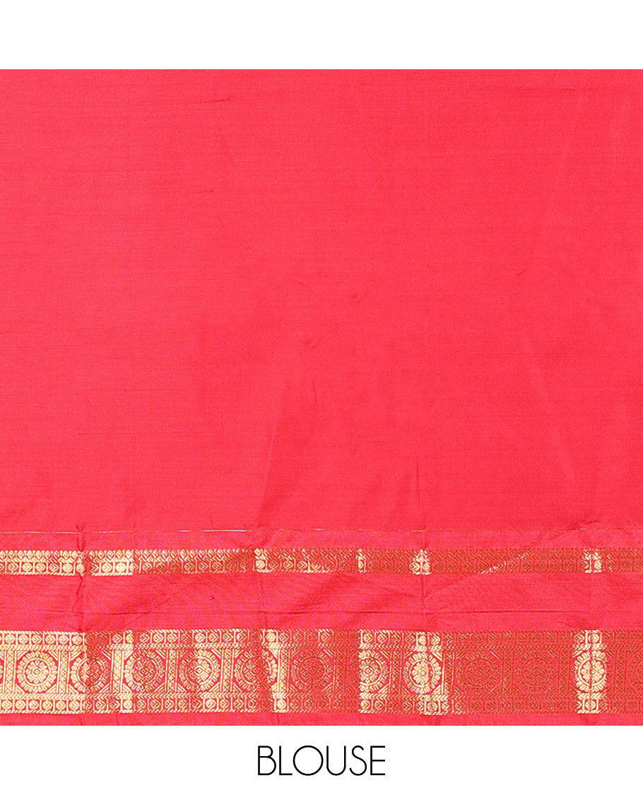 Green Kanchipuram Budget Silk Saree, Detailed with Zari Buttas All Over Its Body, Complemented by a Contrast Traditional Zari Rettai Pettu Border of Chakram Designs, Gracefully Embellished Pallu, and Paired with a Contrast Blouse