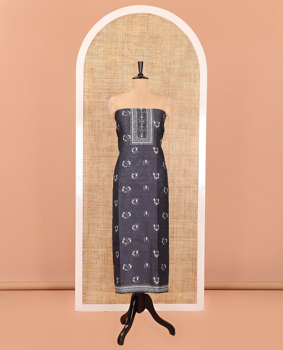 Grey Material Churidar Set, Elegantly Designed with Warli Motifs Printed on Chanderi Top, Comes with a Plain Santoon Bottom, and Is Paired with a Chanderi Dupatta Featuring Warli-Village Themed Motifs Print
