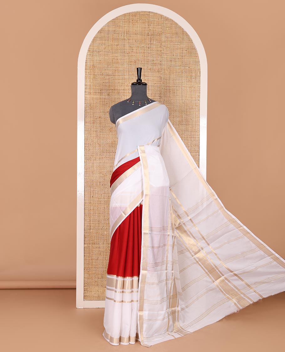 Red plain Art Mysore silk saree, contrast traditional zari big border, zari striped pallu, and a matching zari design blouse