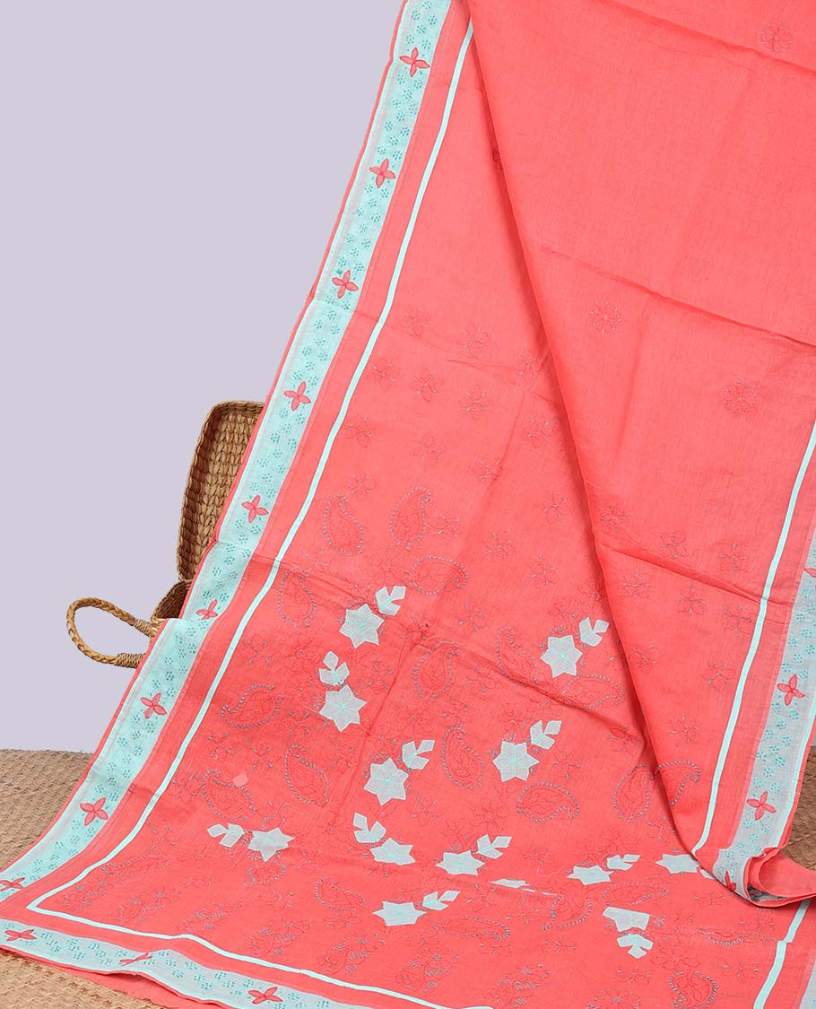 Pink floral embroidery lucknowi chikankari cotton saree,self scallop design border & pallu of floral, paisley embroidery