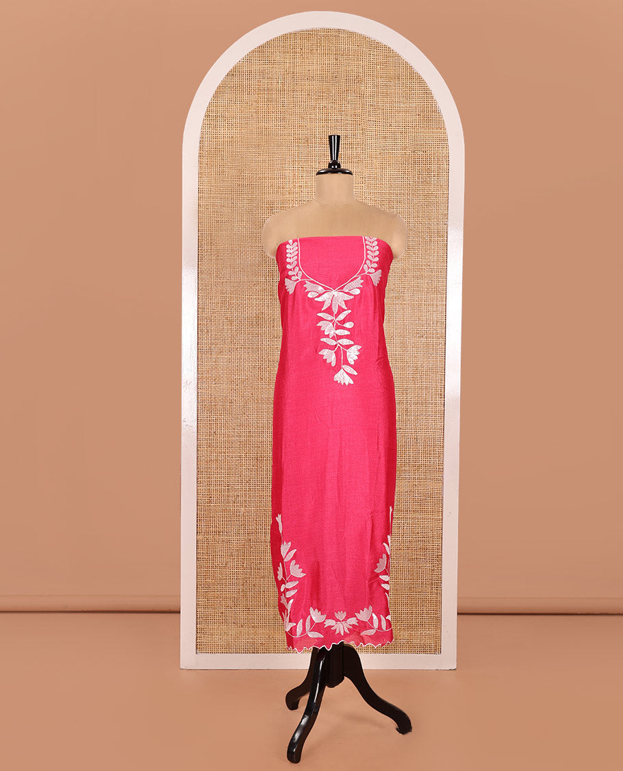 Pink Material Churidar Set, Detailed with Floral Motifs Sequins-Thread Embroidered on Its Vichitra Silk Top, Comes with a Contrast Santoon Bottom, and Paired with a Vichitra Silk Floral Embroidered Scallop Dupatta