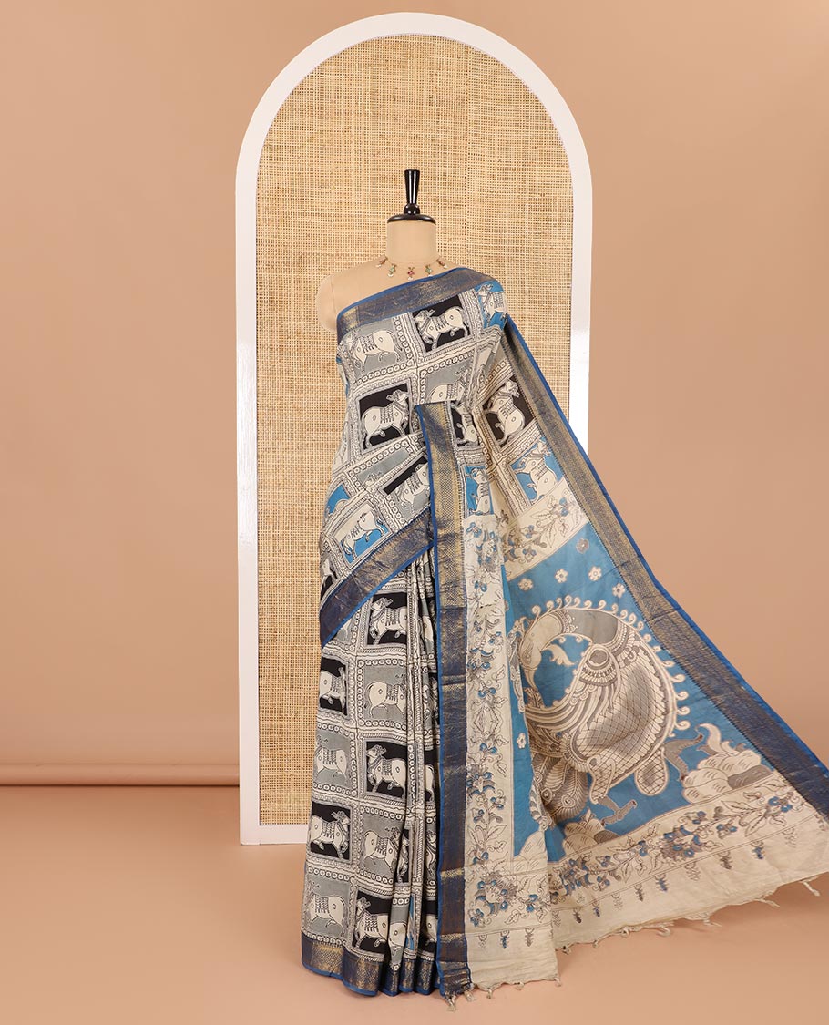 Black kalamkari-style pichwai printed Mangalagiri cotton saree with contrast traditional zari border, kalamkari printed pallu, and a floral vine printed blouse