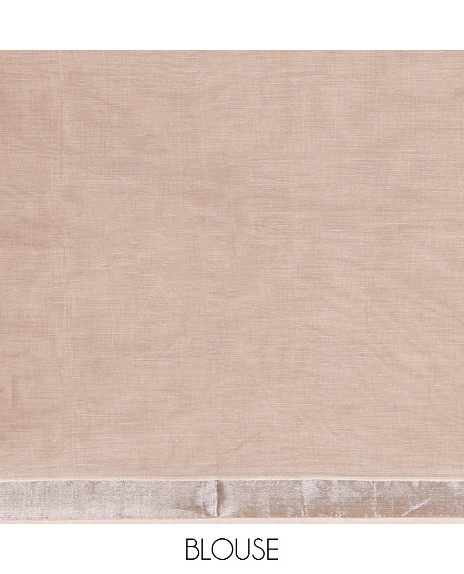 Pale Brown Kerala Saree, Lightly Embellished with Zari Buttas on Its Body, Subtly Sparkled Bavanji Border, Pallu Depicting Intricate Designs, and Paired with a Matching Blouse