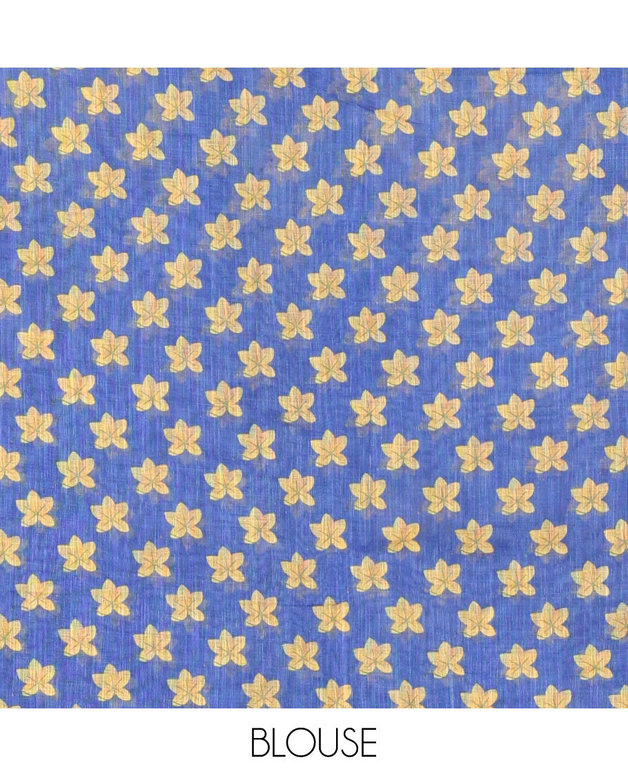Blue Linen Saree, Beautified with Averrhoa Carambola-Style Floral Motifs Print, Subtle Piping Border, Pallu Mirrors the Same Print, and Paired with a Matching Blouse