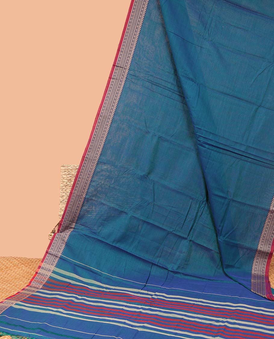 Blue plain Narayanapet cotton saree, contrast traditional design border & striped pallu