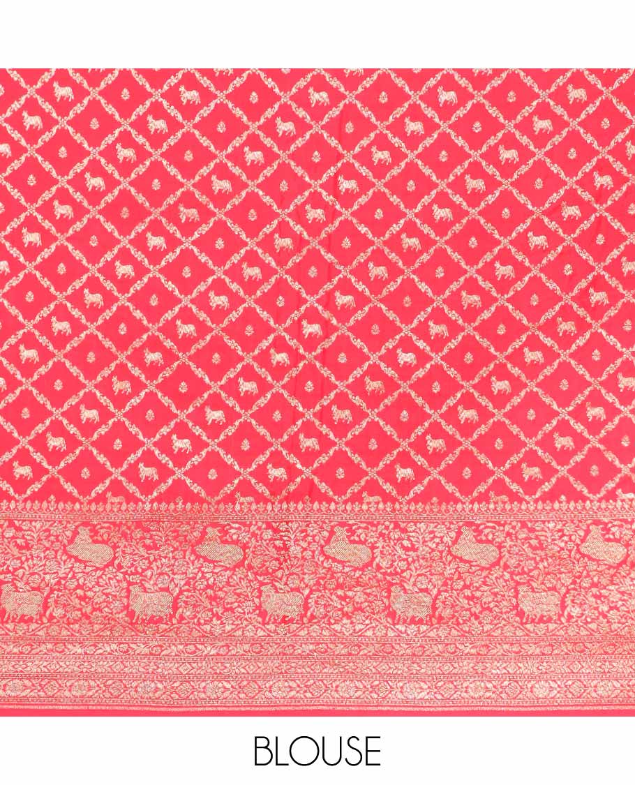 Red floral motifs banaras silk saree with self zari design border & intricate floral zari design pallu