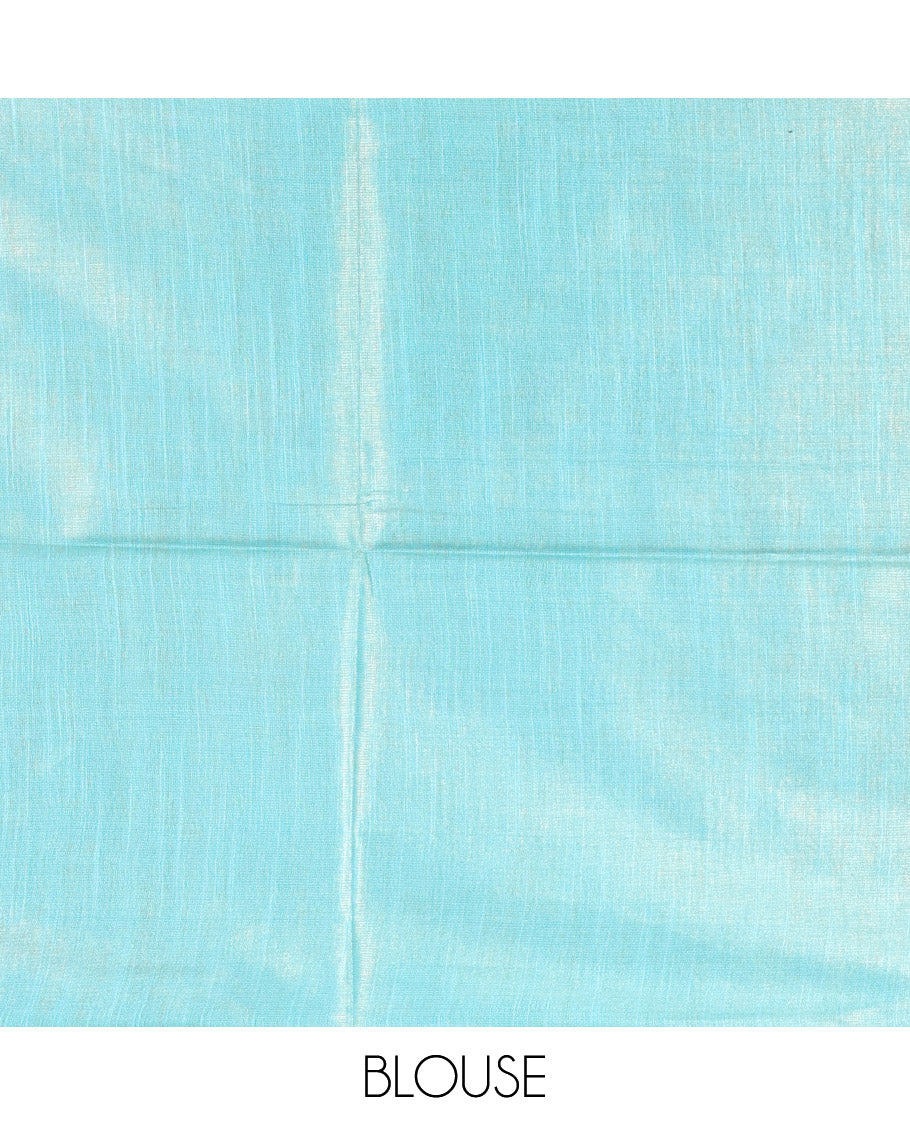 Navy Blue Bhagalpur Cotton Saree, Adorned with Buttas, Complemented by a Contrast Border, Pallu, and a Contrast Blouse