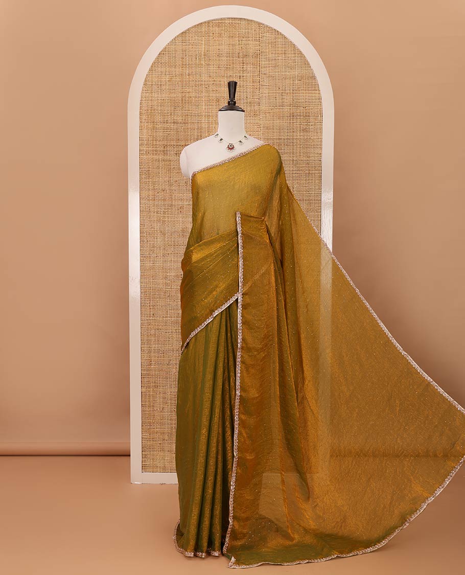 Mehendi green Swarovski stone work embedded fendy-chiffon saree, scallop lace border & floral mixed embroidered blouse