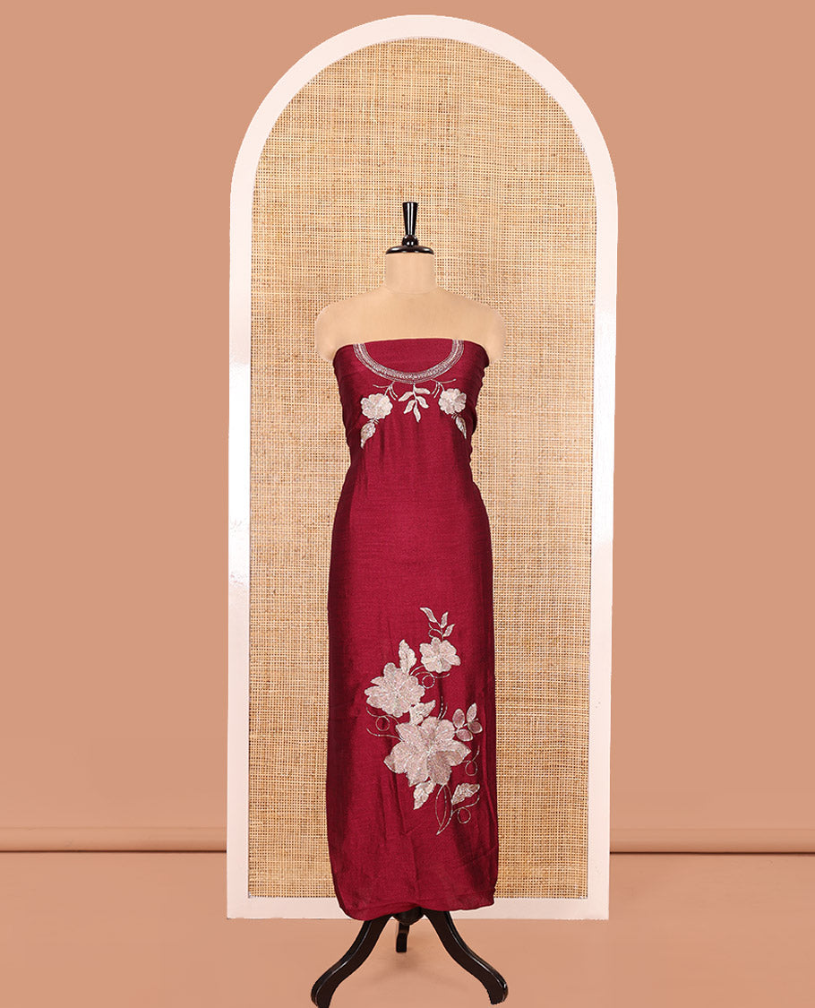 Wine Material Chudidhar Set, Highlighted with an Floral Motifs Embroidered on its Vichitra Silk Top, Plain Santoon Bottom, and Vichitra Silk Dupatta of Leaf Motifs Embroidery