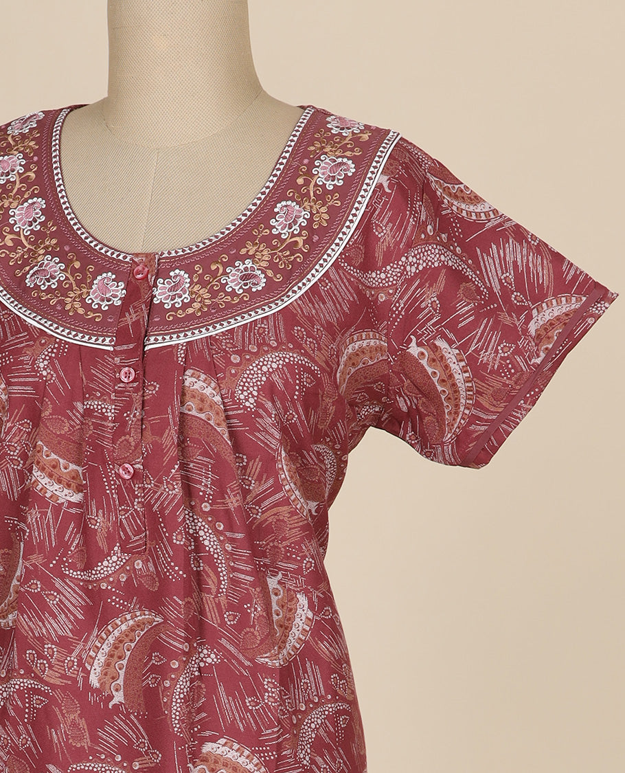 Maroon floral printed & floral thread embroidery round neck cotton half-sleeve nighty