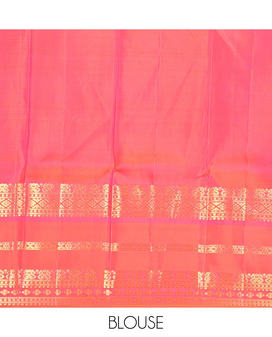 Green zari buttas Kanchipuram korvai silk saree, contrast varisai pettu border of zari designs, and jaal pallu