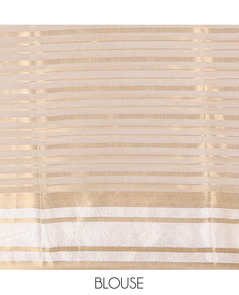 Cream Semi-Organza Saree, Uniquely Detailed with Zari Stripes, Highlighted by a Zari Traditional Border, and a Matching Blouse