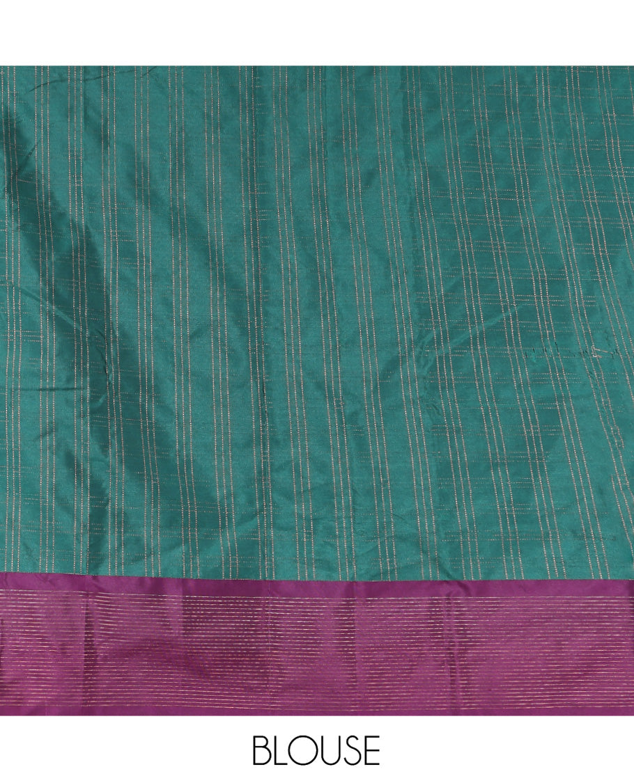 Green Aarani Gift Saree, Adorned with Checked Design on Its Body, Complemented by a Contrast Zari Striped Border, Subtle Striped Pallu, and Paired with a Matching Blouse