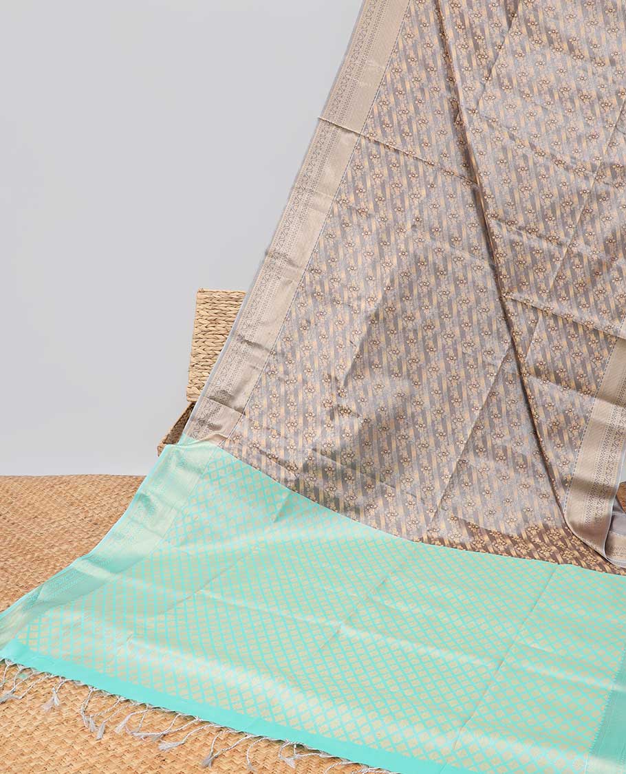 Grey striped floral design kora cotton saree with self zari design border & checked zari design pallu