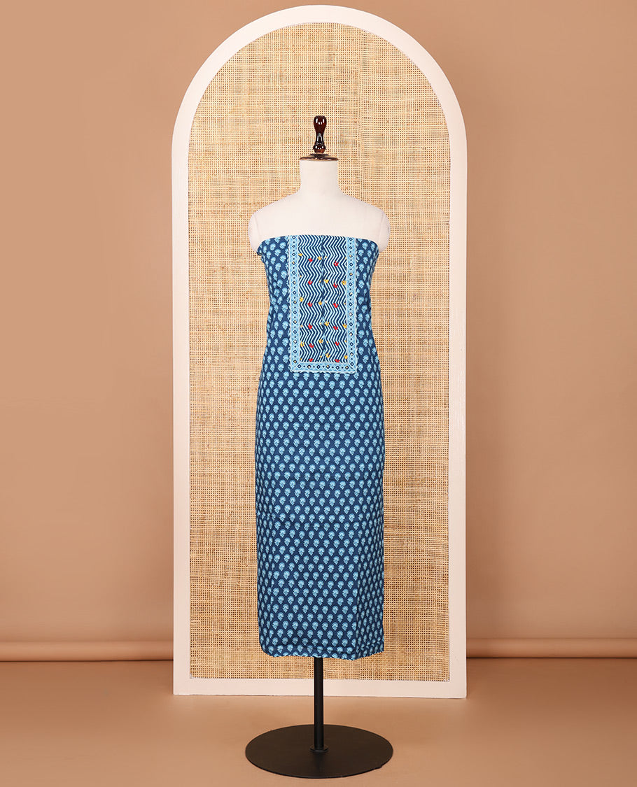 Indigo blue chudidar material set,flower buttas,floral patch work & French knot soft cotton top, leheriya printed bottom & mul-mul cotton dupatta