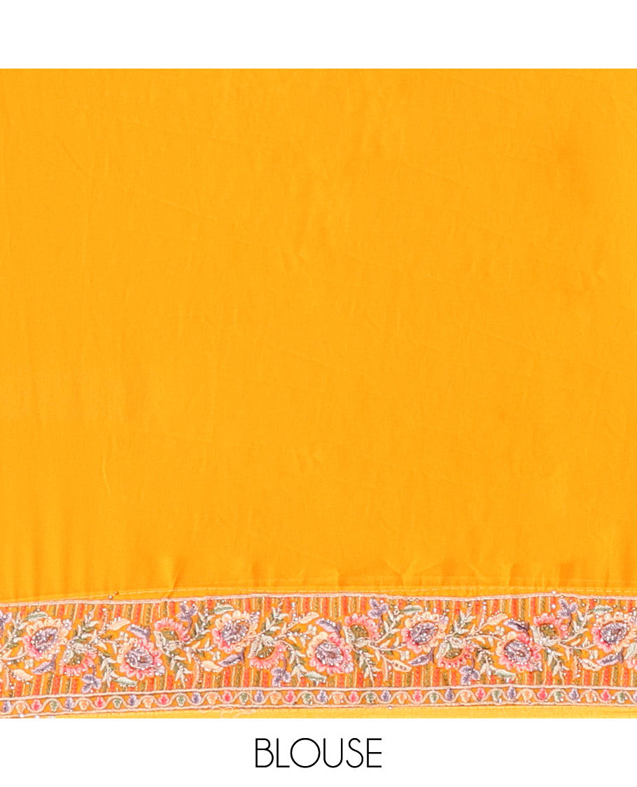 Mustard Georgette Designer Saree Features Color-Thread Paisley Embroidery, a Matching Blouse