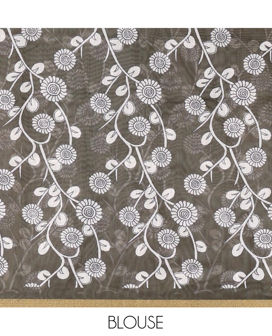 Green Chanderi Cotton Saree, Highlighted with Kalamkari-Style Ancient Human Figurines Printed on Its Body, Subtle Zari Piping Border, Pallu Depicting Kalamkari Peacocks, and Paired with a Matching Blouse