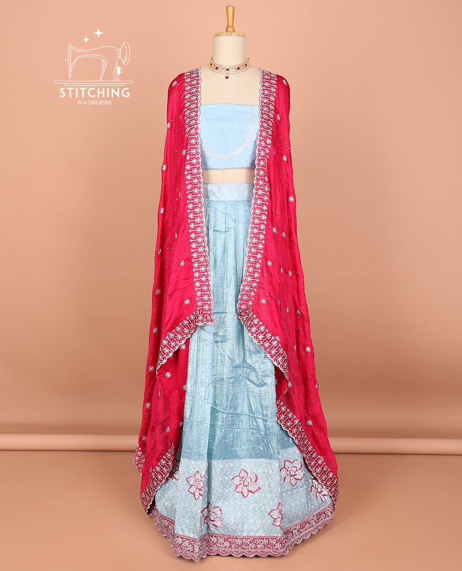 Light blue floral buttas embroidered half saree with self embroidered border, floral design blouse & floral buttas , scallop border dhavani