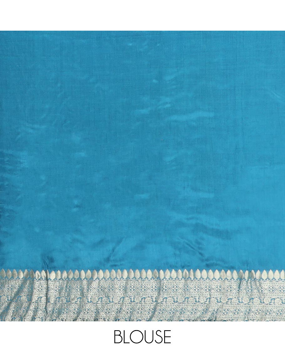 Multi-colored ogee design semi-banaras dola silk saree with contrast zari border & intricate zari design pallu