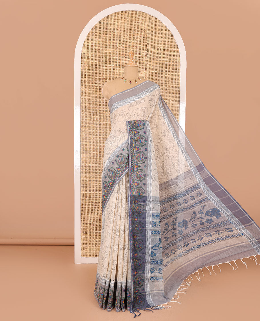 Chikku-grey floral, and dear motifs printed mangalagiri cotton saree, contrast resham thread traditional temple border of Madhubani floral-peacock print, printed pallu, and a contrast blouse