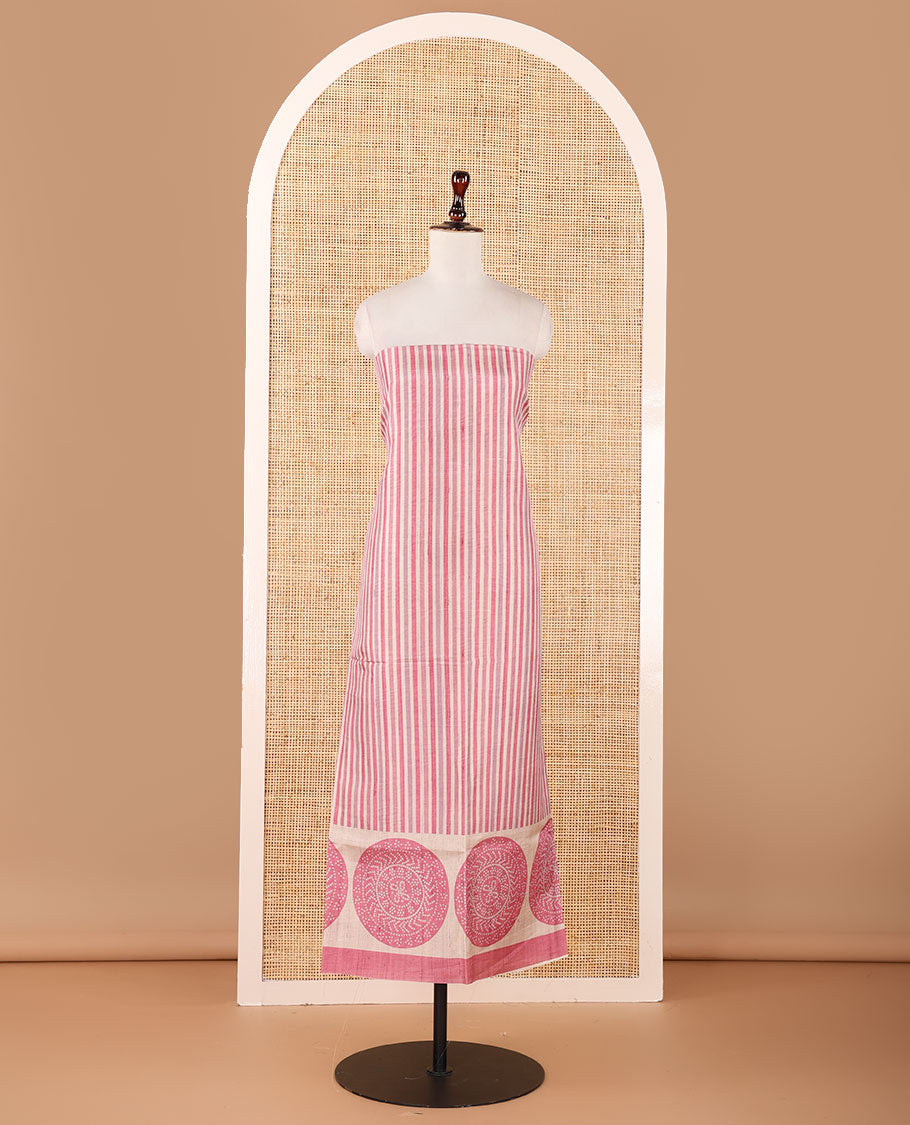 Pink semi-tussar material chudidar set, stripes & bandhani-style dotted motifs printed top & dupatta with heathered bottom