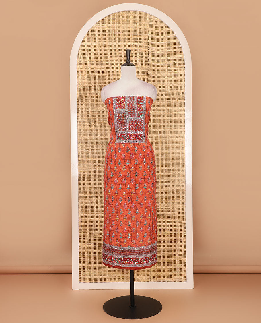 Orange material chudidar set, floral-theme batik printed with mirror embroidered crepe top, santoon bottom, and Chinon dupatta of print, and mirror embroidery