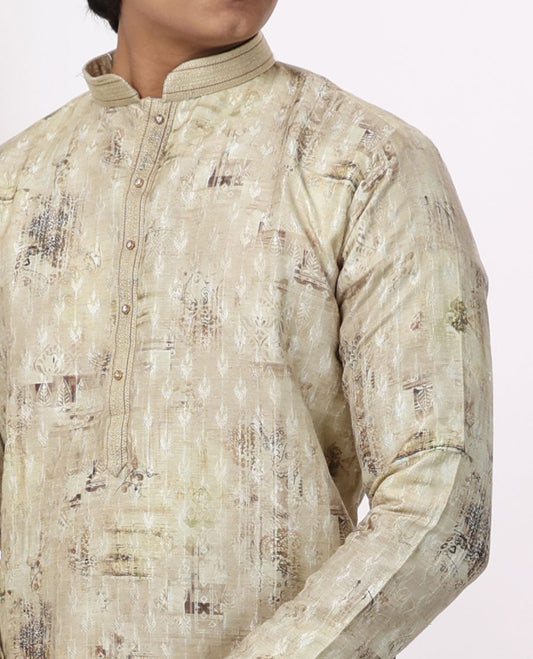 Cream abstract design mandarin collar & full-sleeve long raw silk kurta