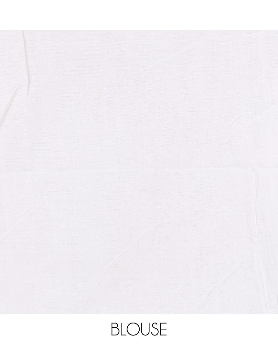 Borderless white and red floral motifs embroidered Khadi mul cotton saree with a matching plain blouse