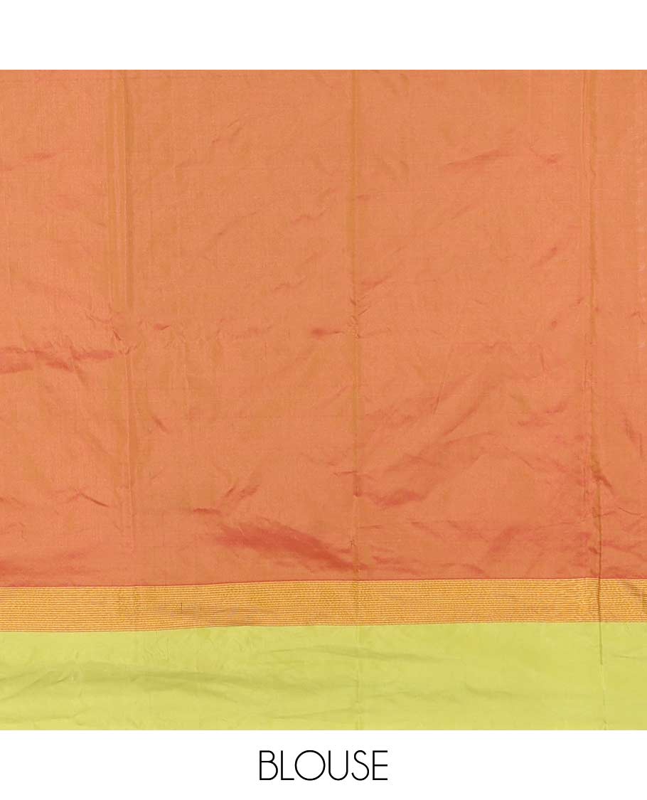 Violet-green plus-shaped buttas steeped semi-soft silk saree, contrast satin border of stripes, striped pallu, and contrast blouse