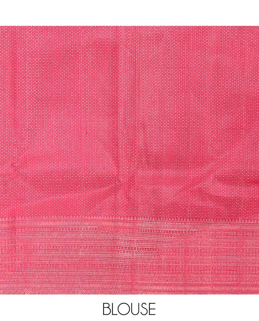 Pink Kanchipuram Wedding Silk Saree, Ornamented with Floral Jacquard, a Zari Geometric Pattern Border, Diagonally Striped Pallu, and a Matching Blouse