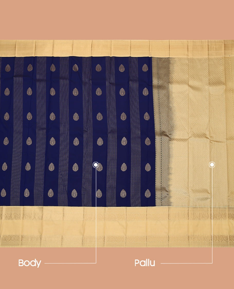 Navy Blue Budget Silk Saree, Delicately Woven Zari Buttas and Stripes, Complemented by a Contrast Traditional Zari Rettai Pettu Border, Grand Pallu, and Contrast Blouse
