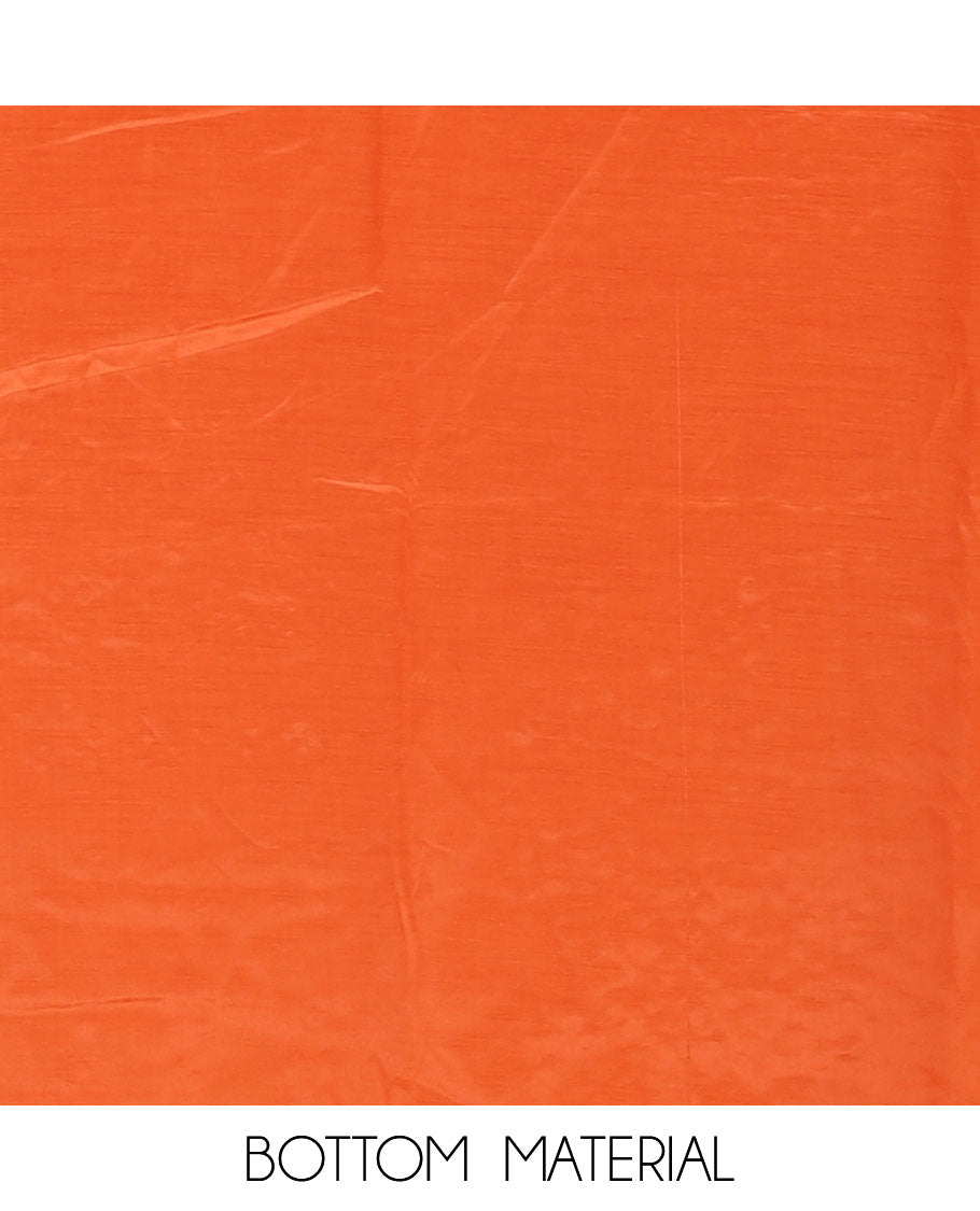Orange material chudidar set, floral-theme batik printed with mirror embroidered crepe top, santoon bottom, and Chinon dupatta of print, and mirror embroidery