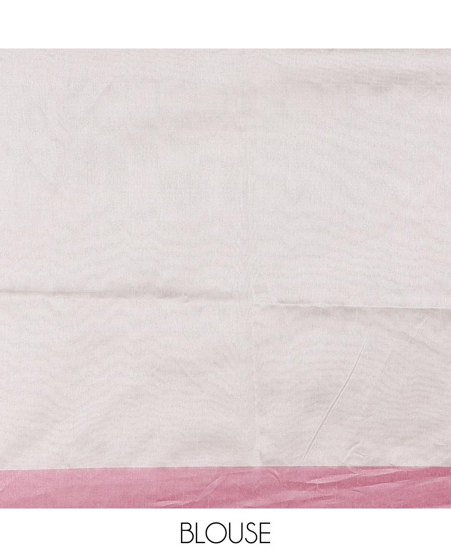 Half-white mango and flower pots thread embroidered semi-tussar saree, contrast pink border, manga motif embroidered pallu, and a matching blouse