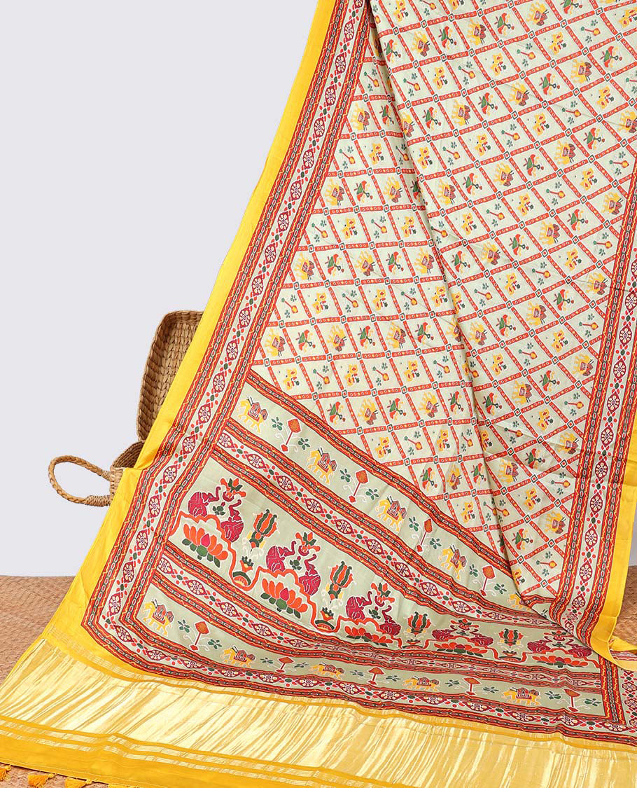 Cream argyle design semi-banaras printed saree with contrast floral border & floral design pallu