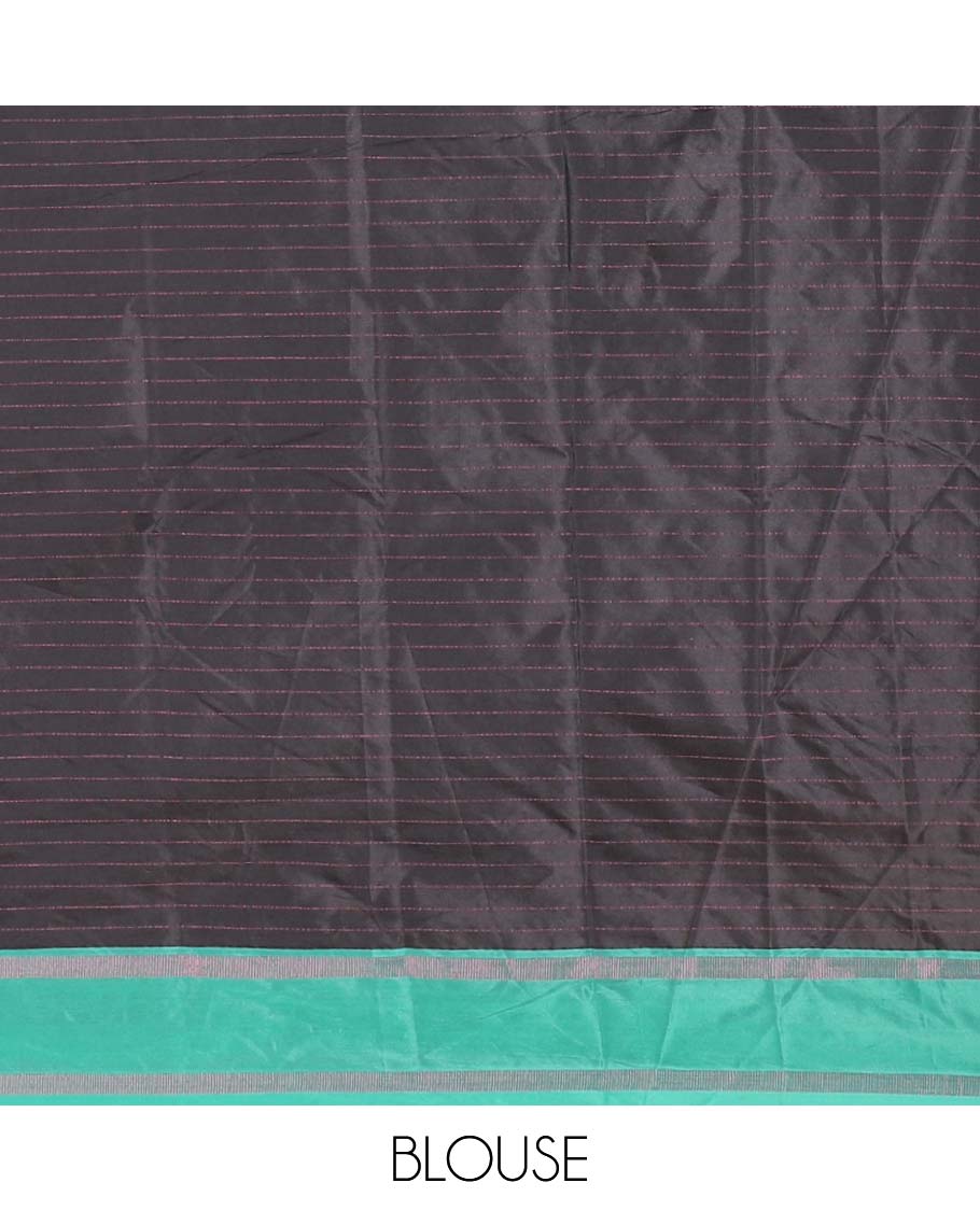 Black horizontal striped semi-soft silk saree, contrast satin striped border, striped pallu, and a matching blouse