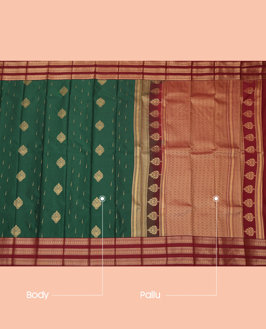 Green Budget Silk Saree, Highlighted by Zari Buttas, a Contrast Traditional Zari Border, Grand Pallu, and a Contrast Blouse