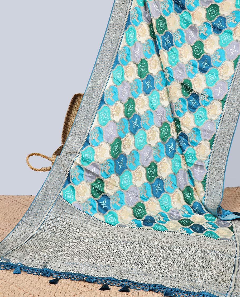 Multi-colored ogee design semi-banaras dola silk saree with contrast zari border & intricate zari design pallu