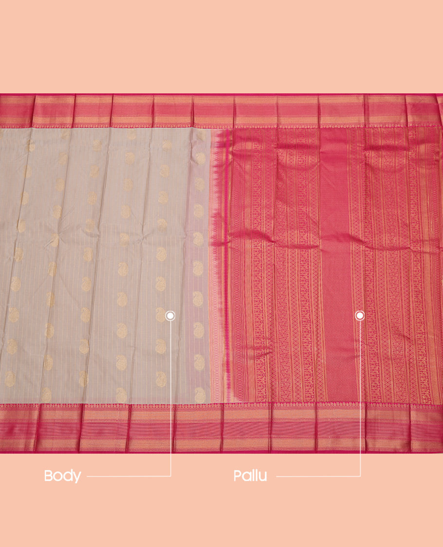 Grey Budget Silk Saree, Sparsely Woven with Paisley Buttas and Stripes All Over Its Body, Complemented by a Contrast Traditional Zari Border, Grand Pallu, and Paired with a Contrast Blouse