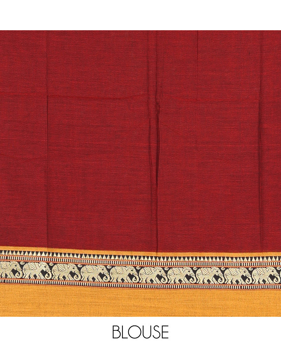 Maroon plain mercerised cotton saree, contrast kal erangina thread border of elephant motifs, striped pallu, and a matching blouse