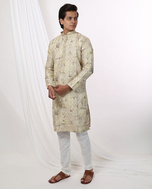 Cream abstract design mandarin collar & full-sleeve long raw silk kurta