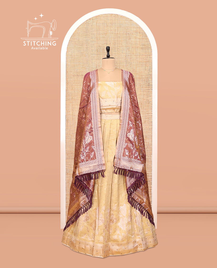 Sandal-Purple Banarasi Half-Saree Features Floral Vine Design Skirt, a Self-Border, a Matching Blouse, and a Contrast Floral Vine Dhavani