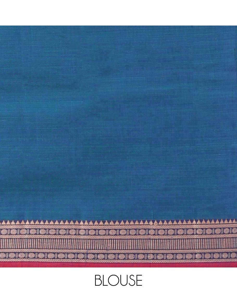 Blue plain Narayanapet cotton saree, contrast traditional design border & striped pallu