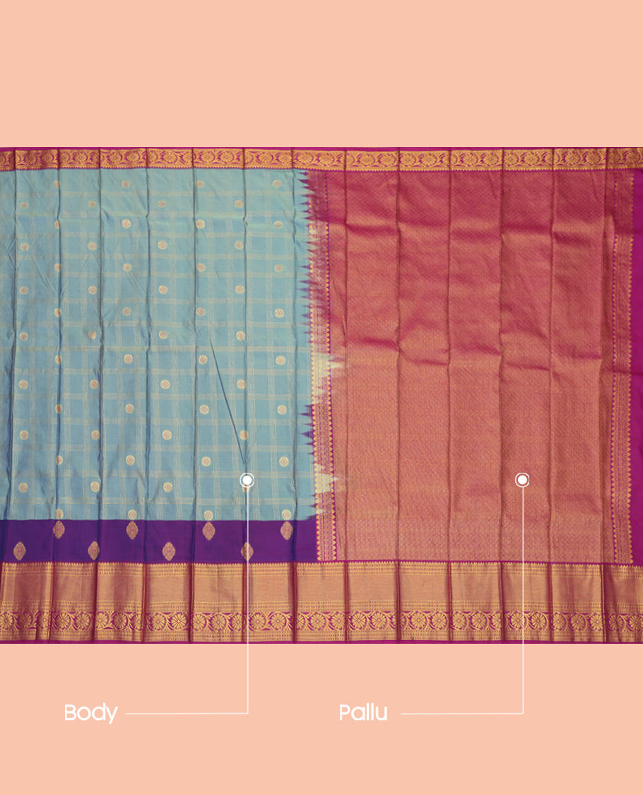 Blue Budget Silk Saree, Elevated with Zari Buttas Enclosed Checks, a Contrast Traditional Zari Border, Grand Pallu, and a Contrast Blouse