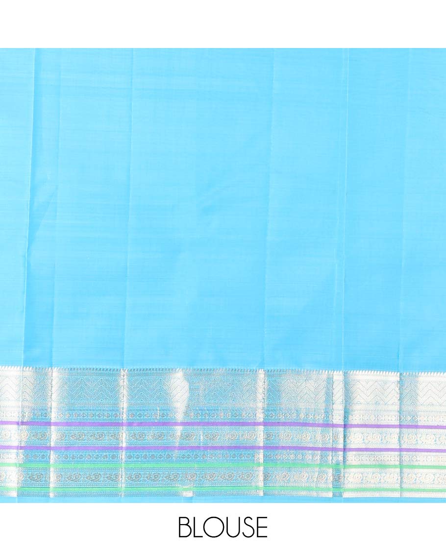 Sky blue motifs vasundhara elite silk saree with contrast border of intricate zari design & checked floral design pallu